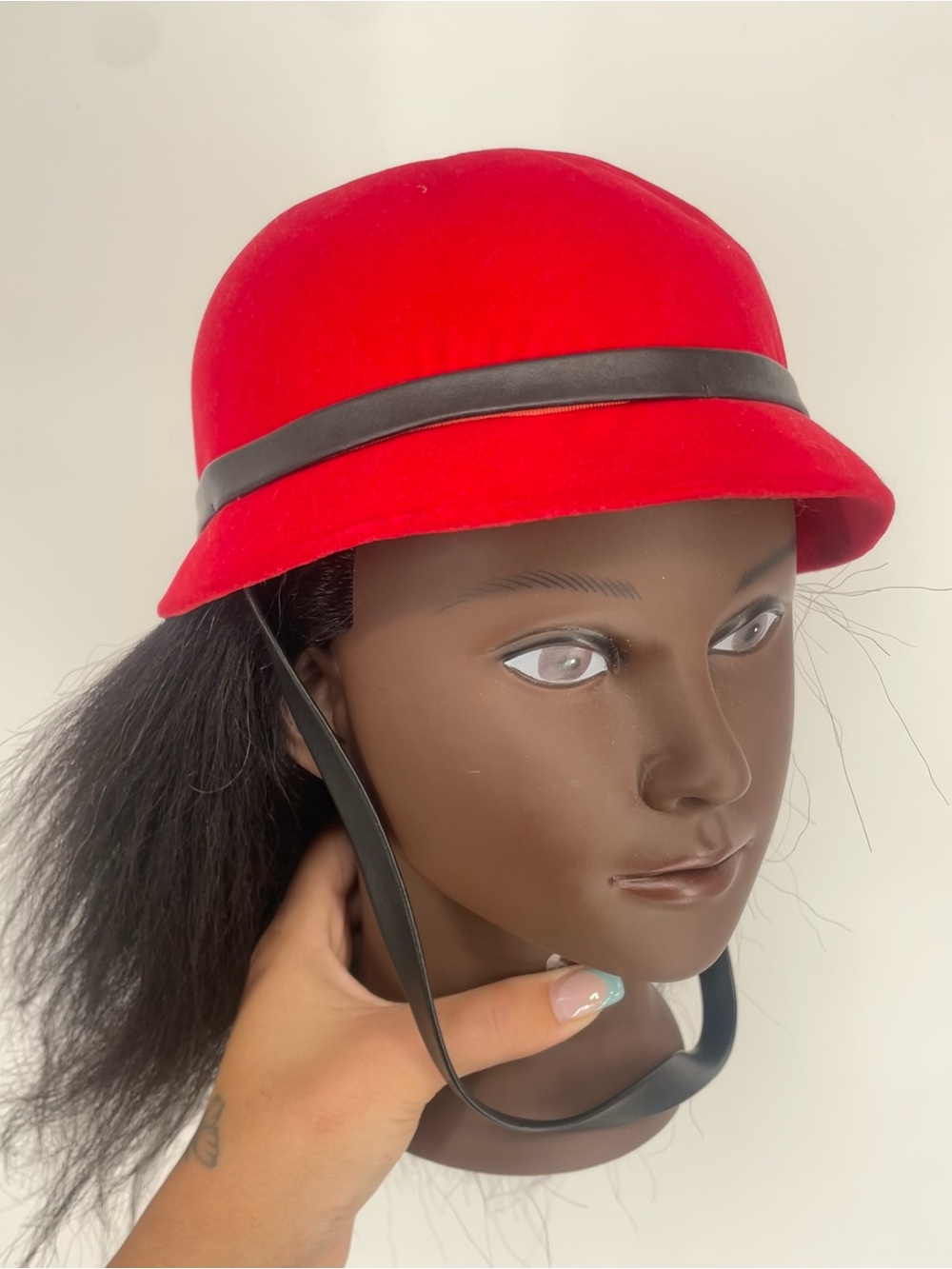 60s Mr. John Juniorette Red Riding Hat W Black Contrasting Trim & Chin Strap - Picture 2 of 11
